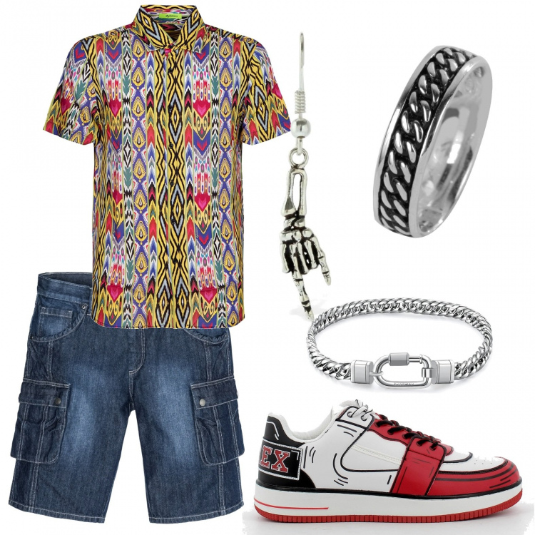 Outfit uomo - Orecchino con corna!. Stile Biker Rock per Tutti i giorni. Abbinamento con bermuda, anelli, camicie, braccialetti, sneakers, orecchini.