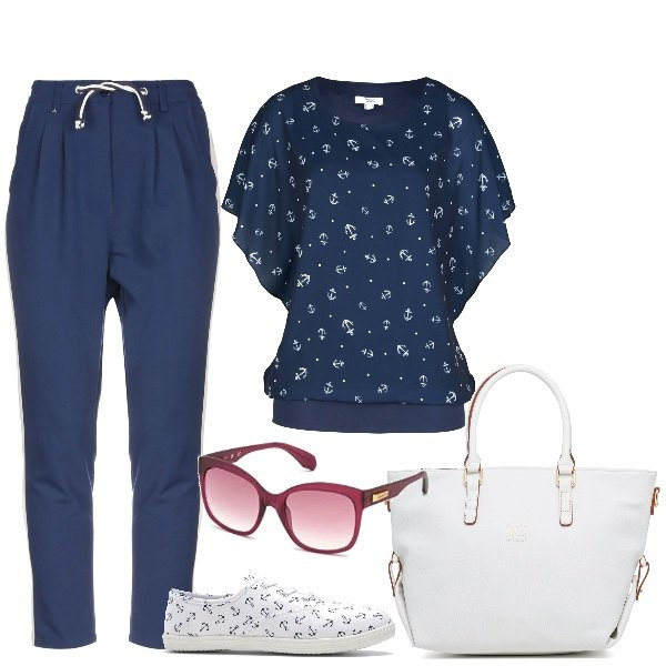 Outfit donna - Mollare gli ormeggi!. Stile Sporty chic per Tutti i giorni. Abbinamento con bluse, sneakers, pantaloni, borse a mano, occhiali da sole.