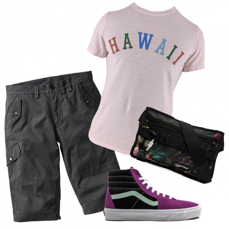 Outfit uomo - T shirt Hawaii. Stile Casual per Tutti i giorni. Abbinamento con bermuda, t-shirt, sneakers, borse sportive.