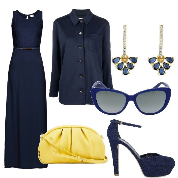 Outfit donna - Dresscode elegante. Stile Chic per Cerimonia. Abbinamento con vestiti lunghi, borse a mano, occhiali da sole, orecchini, décolleté, blazer.