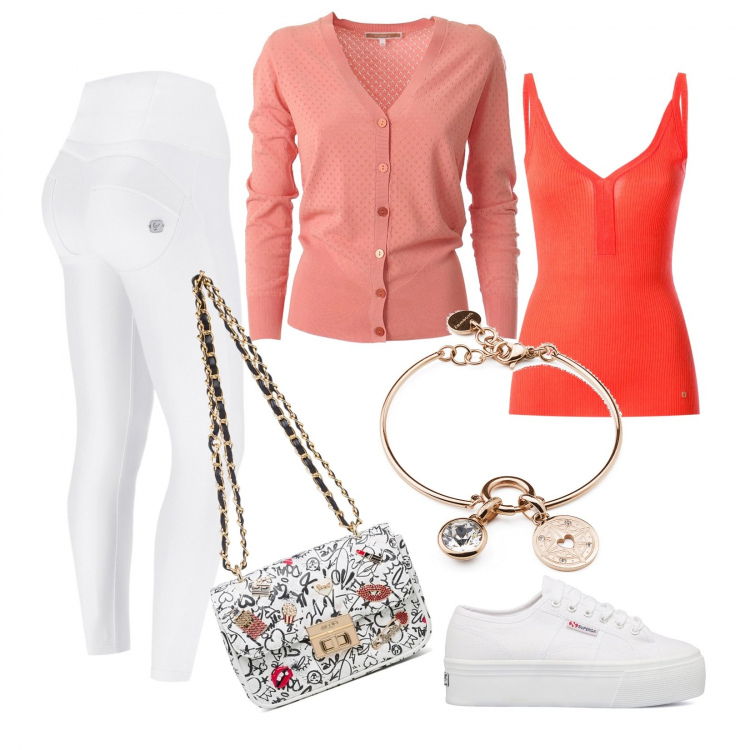 Outfit donna - Mamma ti portiamo a pranzo fuori. Stile Casual chic per Tutti i giorni. Abbinamento con braccialetti, pantaloni skinny, cardigans, top, borse a tracolla, sneakers.