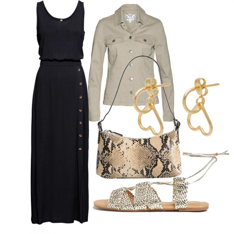 Outfit donna - Una serata intrigante. Stile Chic per Serata fuori. Abbinamento con blazer, vestiti lunghi, borse a spalla, orecchini, sandali alla schiava.