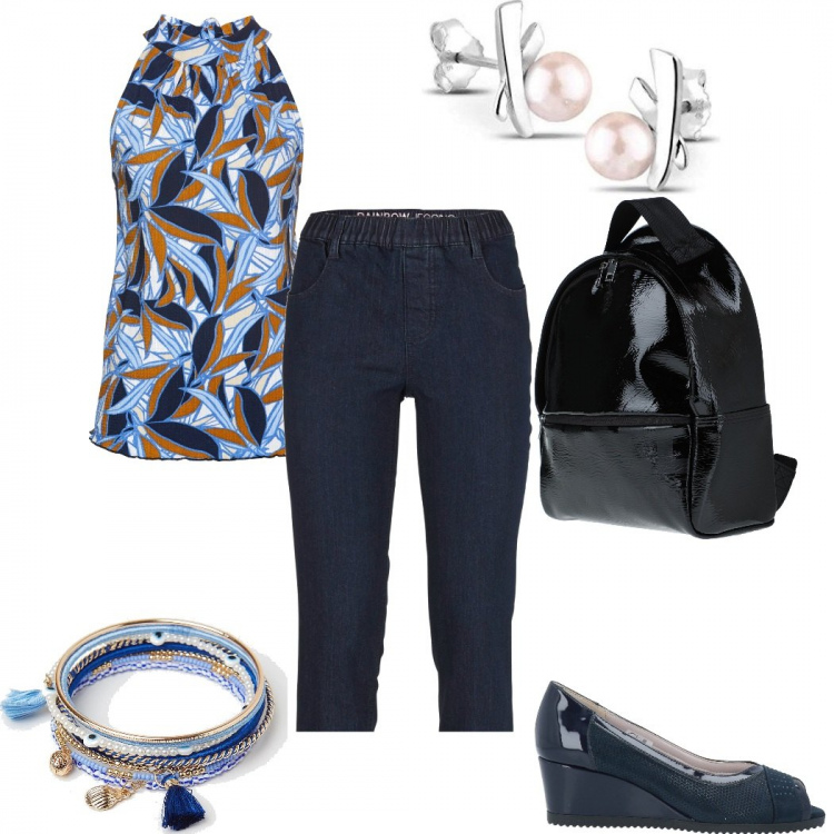 Outfit donna - Casual chic #9562. Stile Casual chic per Tutti i giorni. Abbinamento con jeggings, top, décolleté, zaini, braccialetti, orecchini.