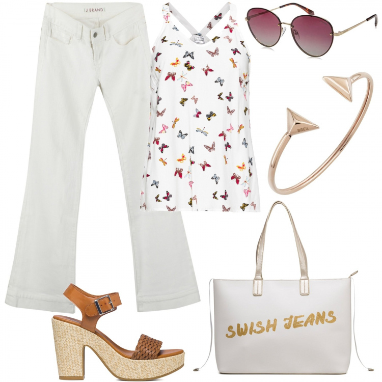 Outfit donna - Bianco forever. Stile Trendy per Tutti i giorni. Abbinamento con top, braccialetti, jeans bootcut, sandali col tacco, borse a spalla, occhiali da sole.