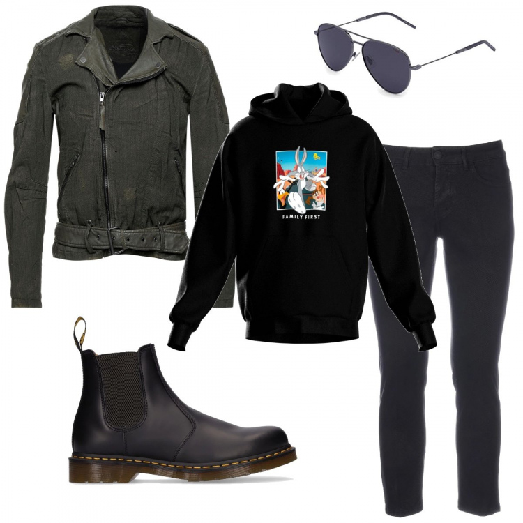 Outfit uomo - Chiodo e cappuccio. Stile Urban per Serata speciale. Abbinamento con giacche, pantaloni, felpe, occhiali da sole, stivali e stivaletti.