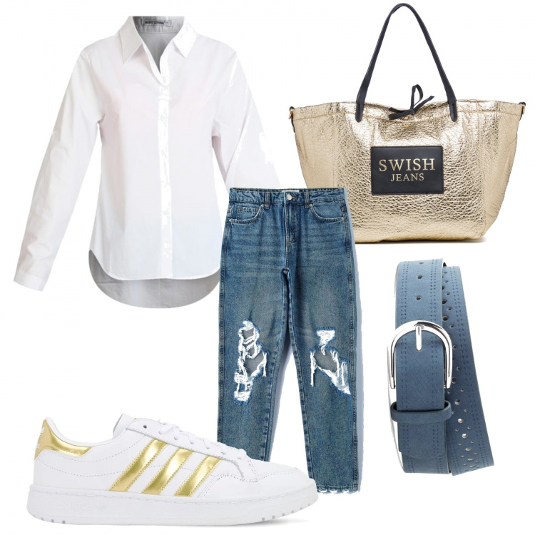 Outfit donna - Mattinata di shopping. Stile Casual per Tutti i giorni. Abbinamento con cinture, jeans boyfriend, camicie, borse a spalla, sneakers.