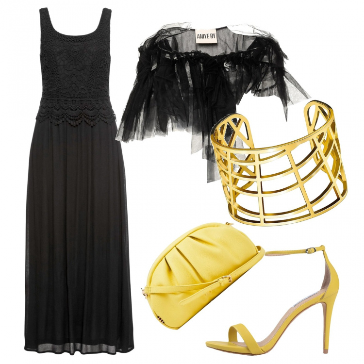 Outfit donna - Emergo dai dettagli (vegan ok). Stile Chic per Cerimonia. Abbinamento con bolero, sandali col tacco, braccialetti, borse a mano, vestiti midi/longuette.