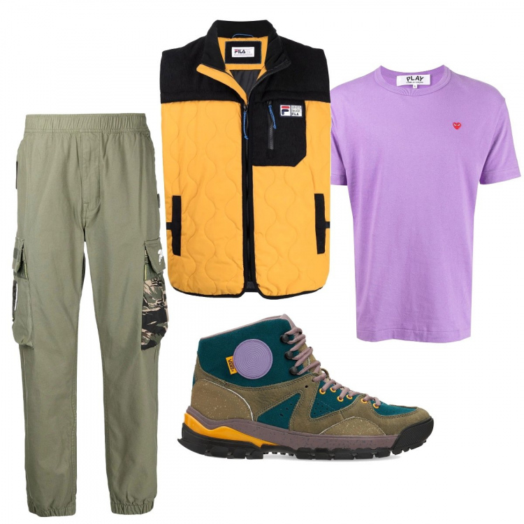 Outfit uomo - Il commesso del negozio di bici. Stile Urban per Tutti i giorni. Abbinamento con pantaloni cargo, gilet, t-shirt, sneakers.