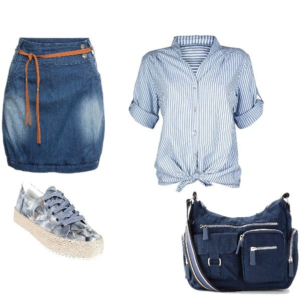 Outfit donna - Minigonna per il tempo libero. Stile Sporty chic per Tutti i giorni. Abbinamento con minigonne, borse a tracolla, camicie, sneakers.