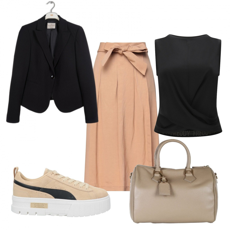 Outfit donna - Giornata tra amiche. Stile Casual chic per Tutti i giorni. Abbinamento con pantaloni capri, sneakers, borse a mano, blazer, canottiere.
