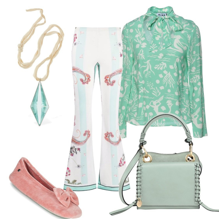 Outfit donna - Sweet. Stile Trendy per Tutti i giorni. Abbinamento con bluse, borse a mano, pantofole, pantaloni, collane.