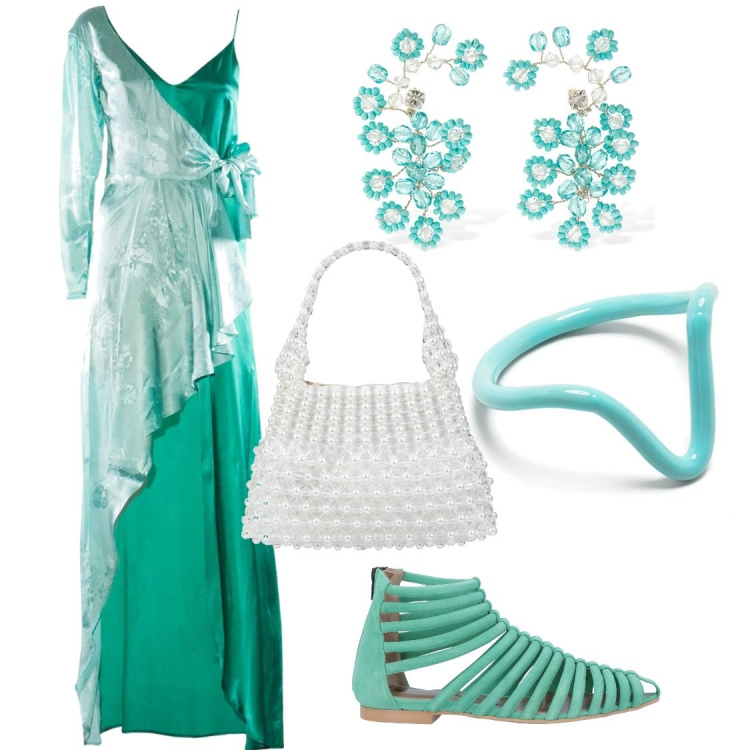 Outfit donna - Cerimonia. Stile Glamour per Cerimonia. Abbinamento con sandali in pelle, borse a mano, vestiti lunghi, anelli, orecchini.