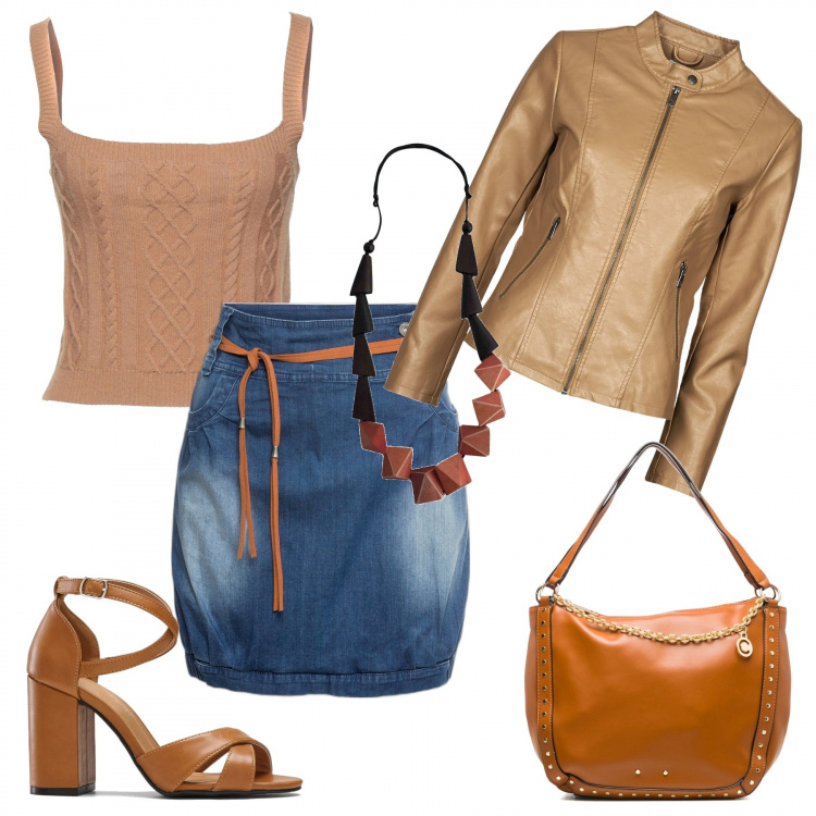 Outfit donna - Jeans e cioccolato. Stile Casual chic per Tutti i giorni. Abbinamento con minigonne, sandali col tacco, top, collane, giacche, borse a spalla.