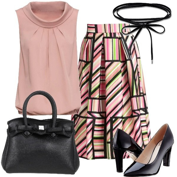 Outfit donna - La semplicità del rosa. Stile Casual per Tutti i giorni. Abbinamento con borse a mano, top, gonne lunghe, scarpe col tacco, ciondoli.
