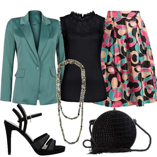 Outfit donna - Le nozze a maggio. Stile Chic per Cerimonia. Abbinamento con top, sandali col tacco, collane, gonne lunghe, blazer, borse a tracolla.