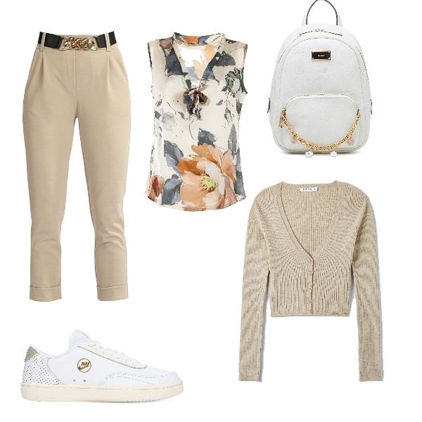 Outfit donna - Un caffè con le amiche. Stile Casual per Tutti i giorni. Abbinamento con pantaloni, bluse, zaini, cardigans, sneakers.