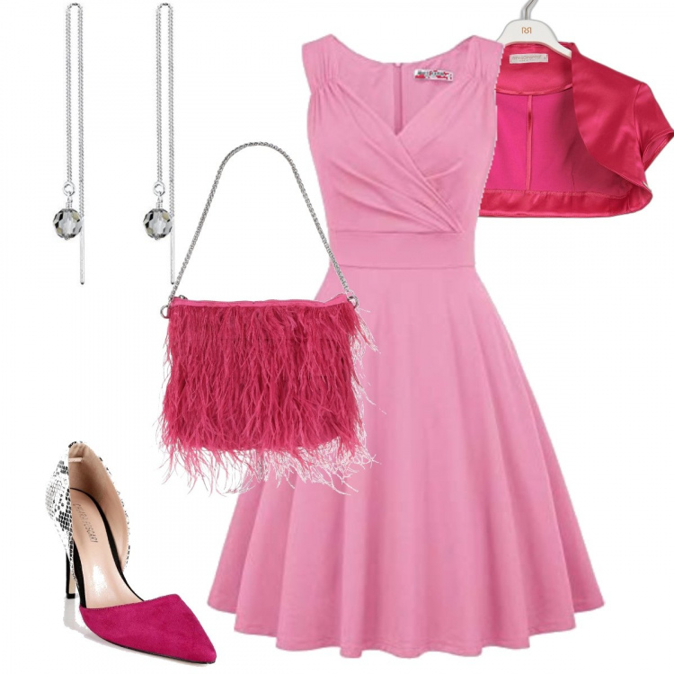 Outfit donna - Sfumature di rosa. Stile Bon Ton per Cerimonia. Abbinamento con borse a mano, décolleté, bolero, vestiti senza maniche, orecchini.
