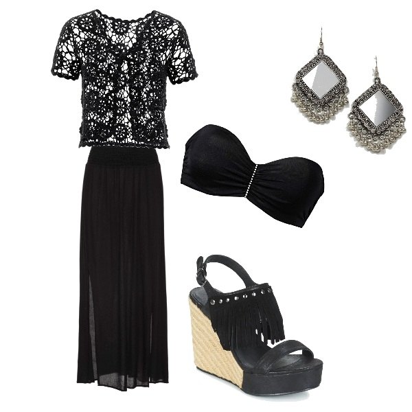 Outfit donna - Total Black. Stile Sexy per Serata fuori. look ideale per Tall. Abbinamento con reggiseni, gonne lunghe, bolero nero e corda, sandali nero, orecchini pendenti lenti a specchio con perline.