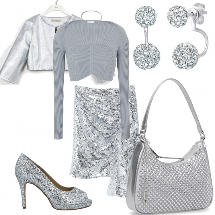 Outfit donna - Sabato sera paiettes argento. Stile Trendy per Serata fuori. Abbinamento con top, gonne longuette, décolleté, blazer, portachiavi, orecchini.
