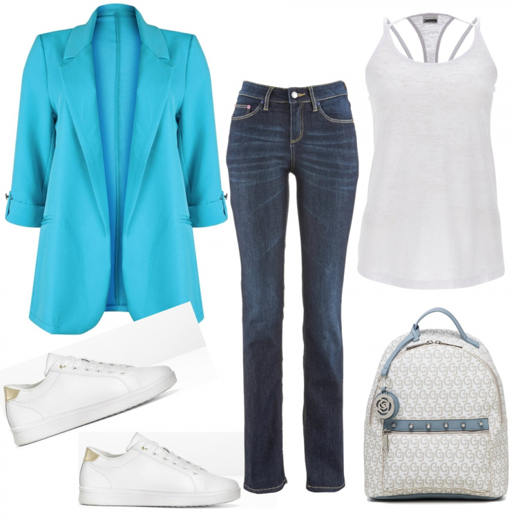 Outfit donna - Una domenica di shopping. Stile Casual per Tutti i giorni. Abbinamento con jeans dritti, sneakers, blazer, canottiere, zaini.