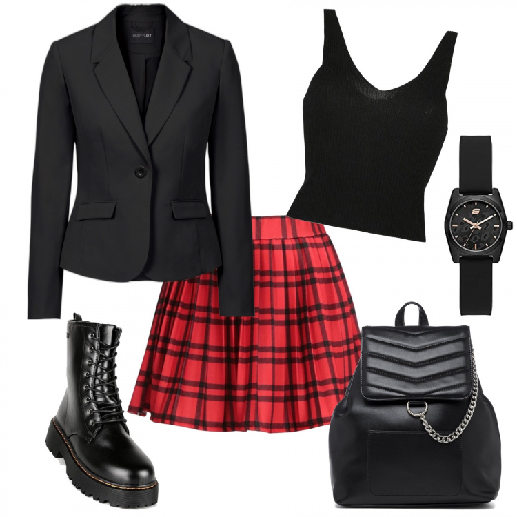 Outfit donna - Stilosa in ufficio, giornata piovosa. Stile Trendy per Ufficio. Abbinamento con blazer, anfibi, minigonne, top, zaini, orologi.
