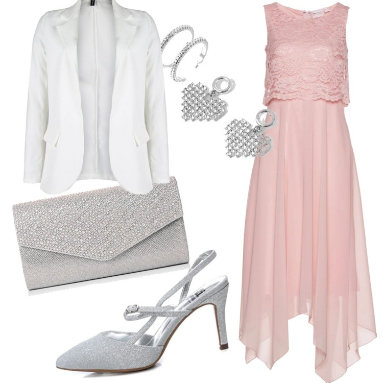 Outfit donna - Chic #6950. Stile Chic per Cerimonia. Abbinamento con vestiti midi/longuette, blazer, orecchini, sandali col tacco, pochette.