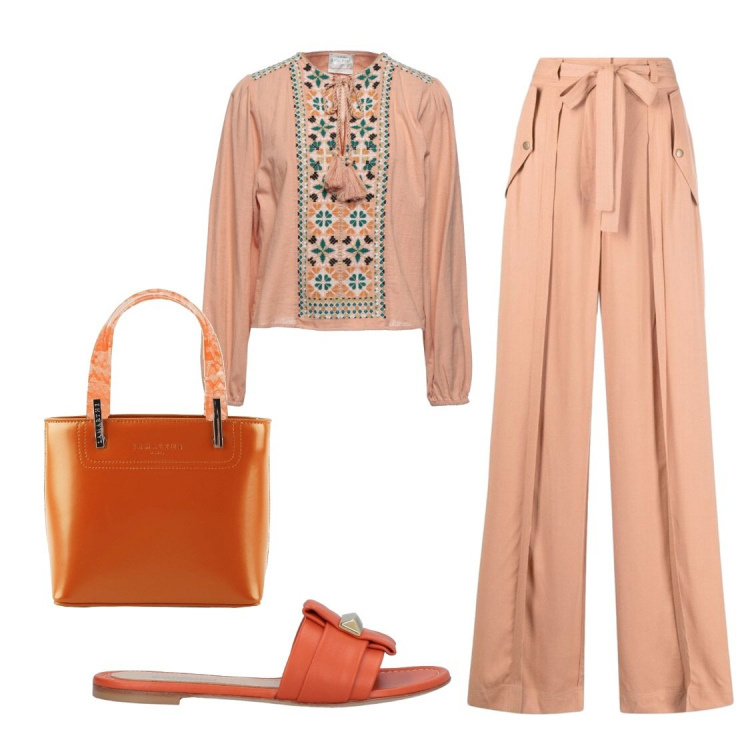 Outfit donna - Sui toni arancio. Stile Etnico per Tutti i giorni. Abbinamento con sandali in pelle, bluse, borse a mano, pantaloni.