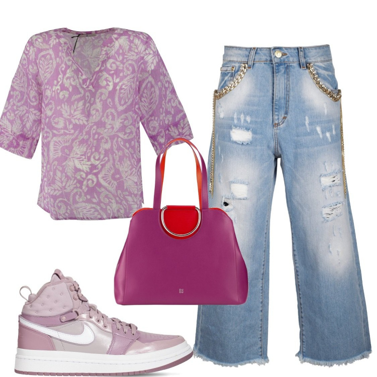 Outfit donna - Feeling good. Stile Casual per Tutti i giorni. Abbinamento con bluse, borse a spalla, jeans a zampa, sneakers.