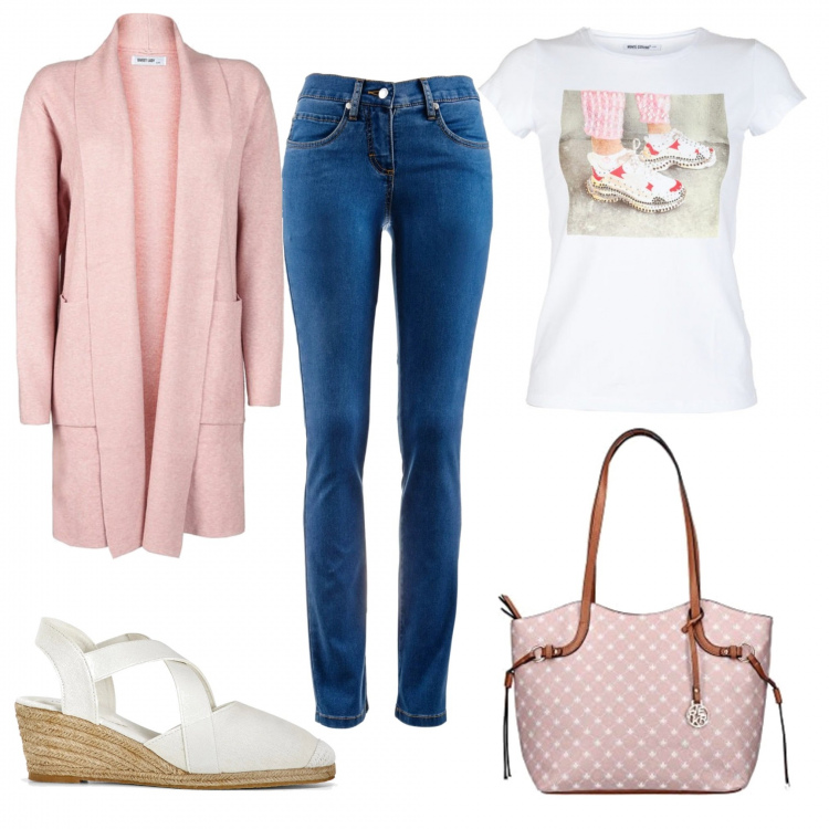 Outfit donna - Total look #1330866. Stile Urban per Tutti i giorni. Abbinamento con jeans dritti, sandali, cardigans, t-shirt, shopping bag.