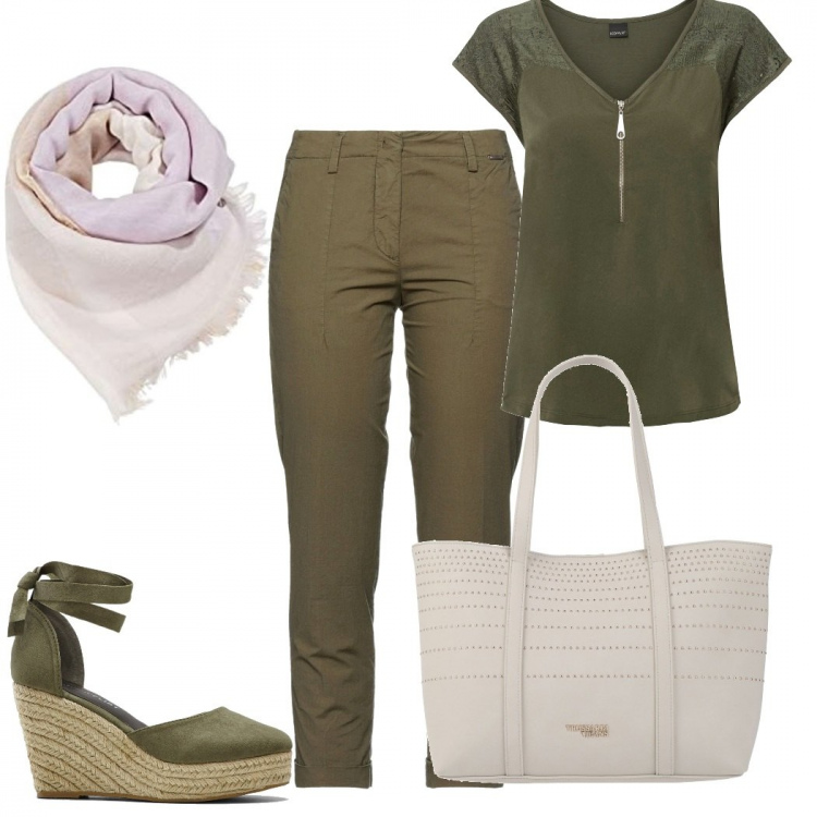 Outfit donna - Military #225. Stile Military per Tutti i giorni. Abbinamento con t-shirt, décolleté, borse a mano, pantaloni, sciarpe.