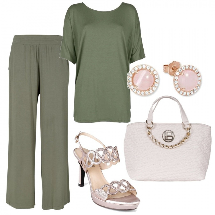Outfit donna - Comoda elegante e glamour tutti i giorni. Stile Casual chic per Tutti i giorni. Abbinamento con pantaloni, t-shirt, sandali in pelle, borse a mano, orecchini.