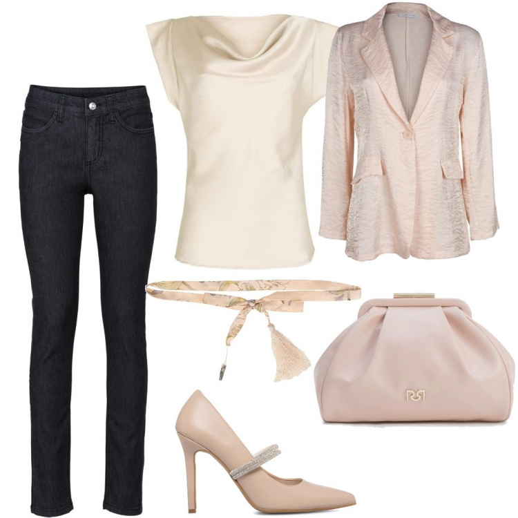 Outfit donna - Casual chic #9702. Stile Casual chic per Serata fuori. Abbinamento con jeans skinny, sciarpe, giacche, bluse, clutch, décolleté.