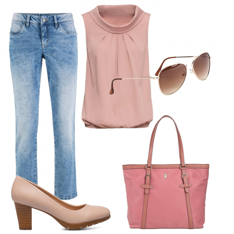 Outfit donna - Passeggiata in rosa. Stile Romantica per Tutti i giorni. Abbinamento con borse a mano, top, occhiali da sole, jeans dritti, décolleté.