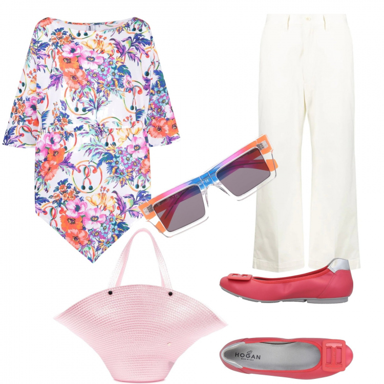 Outfit donna - Particolare. Stile Casual chic per Tutti i giorni. Abbinamento con ballerine, t-shirt, borse tote, occhiali da sole, pantaloni a palazzo.