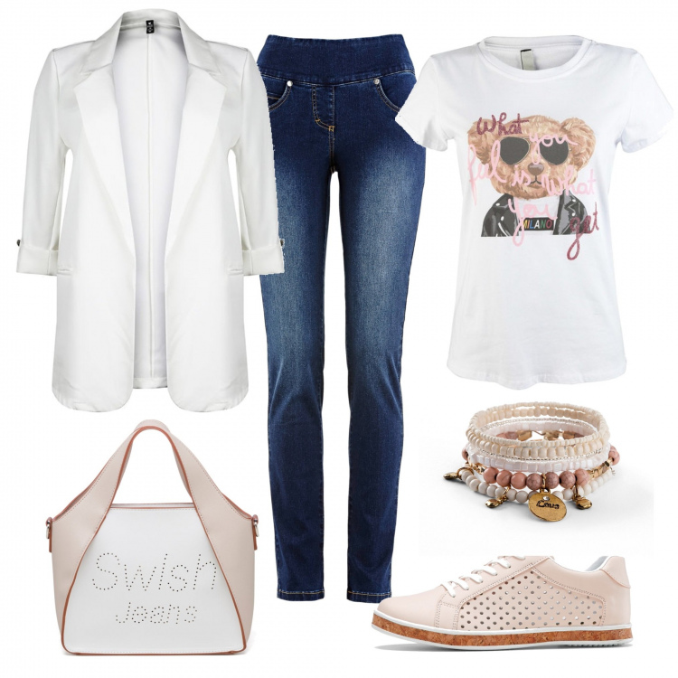 Outfit donna - Trendy bear. Stile Trendy per Tutti i giorni. Abbinamento con jeans, braccialetti, sneakers, blazer, t-shirt, borse a mano.