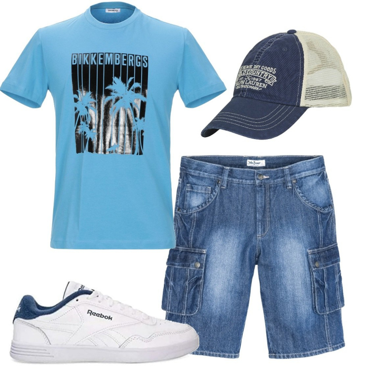 Outfit uomo - Total look #1331246. Stile Casual per Tutti i giorni. Abbinamento con bermuda, t-shirt, cappelli con visiera, sneakers alte.