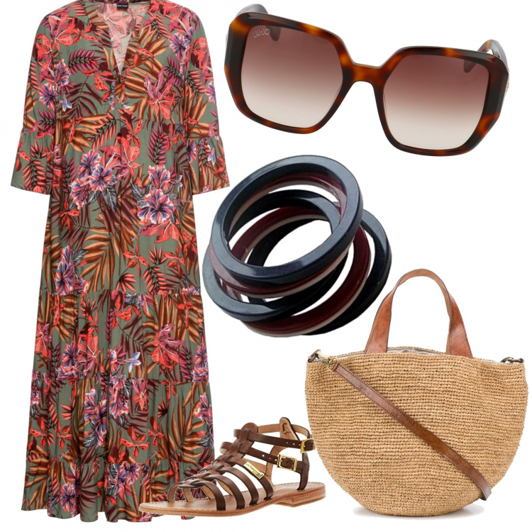 Outfit donna - Anni 70. Stile Boho per Tutti i giorni. Abbinamento con vestiti lunghi, occhiali da sole, borse tote, sandali alla schiava, braccialetti.