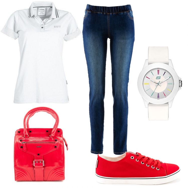 Outfit donna - Total look #1331329. Stile Basic per Tutti i giorni. Abbinamento con treggings, polo, sneakers, borse a mano, orologi.