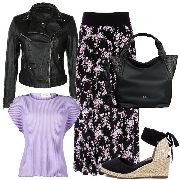 Outfit donna - Micro fiori sulla maxi gonna. Stile Casual per Tutti i giorni. Abbinamento con gonne lunghe, sandali col tacco, giacche, bluse, shopping bag.