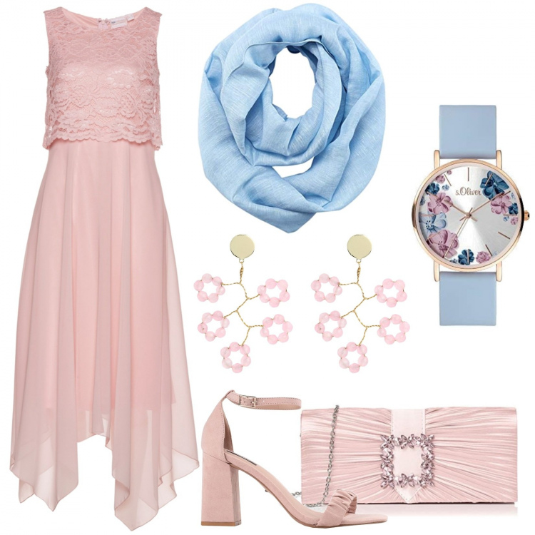 Outfit donna - Cerimonia curvy _ colori pastello. Stile Chic per Cerimonia. Abbinamento con vestiti midi/longuette, sandali col tacco, orecchini, pochette, orologi, sciarpe.