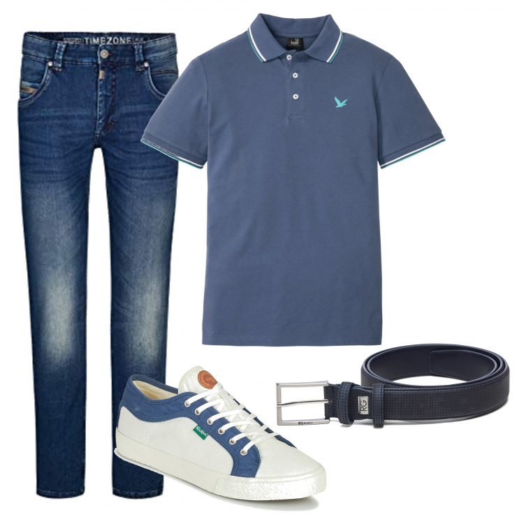 Outfit uomo - Basic. Stile Casual per Tutti i giorni. Abbinamento con polo, sneakers, cinture, jeans dritti.