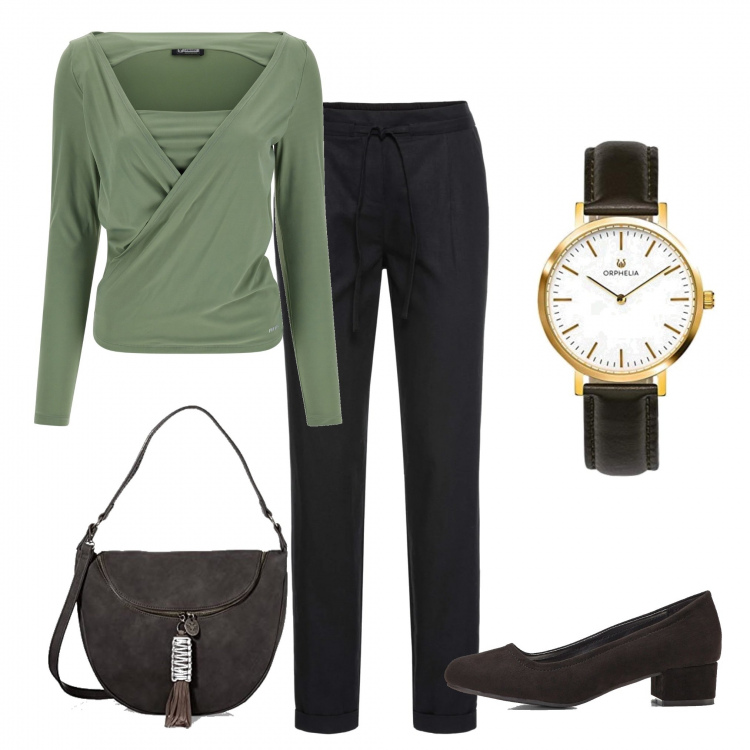 Outfit donna - Pranzo di lavoro. Stile Urban per Ufficio. Abbinamento con décolleté, pantaloni, maglieria, borse a spalla, orologi analogici.
