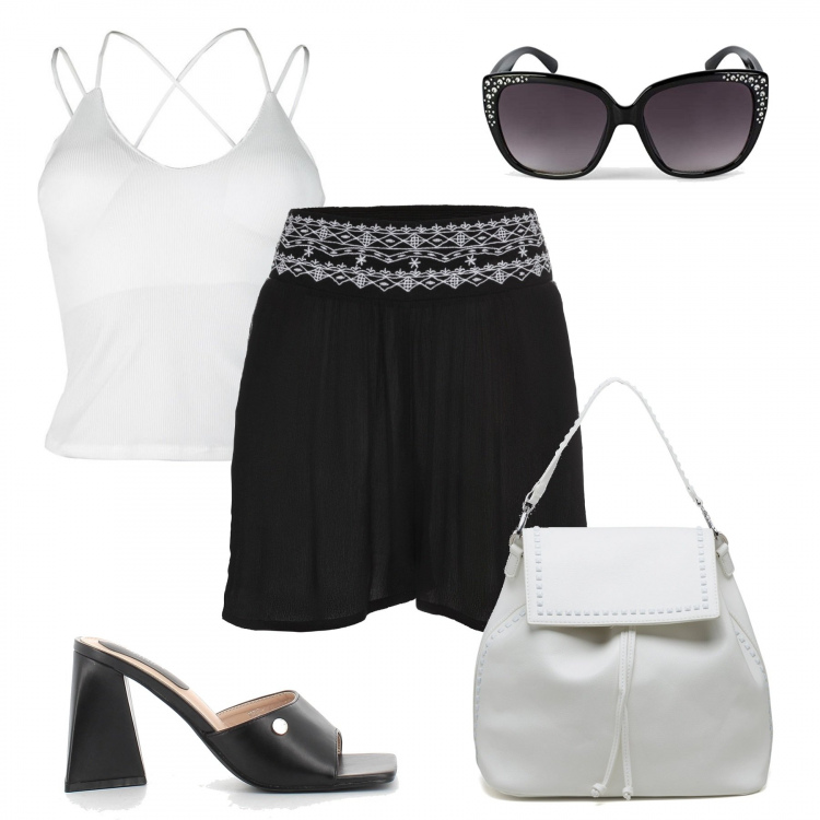 Outfit donna - Col sabot nero. Stile Romantica per Tutti i giorni. Abbinamento con shorts, top, sandali in pelle, zaini, occhiali da sole.