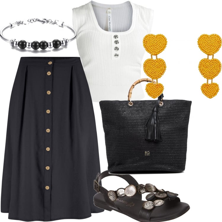 Outfit donna - In città. Stile Urban per Tutti i giorni. Abbinamento con gonne longuette, orecchini, top, braccialetti, borse a mano, sandali.