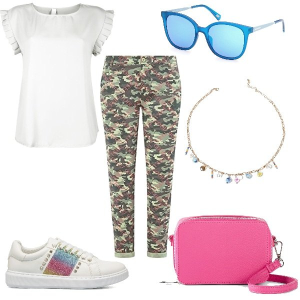 Outfit donna - Military pop. Stile Military per Tutti i giorni. Abbinamento con vestiti a tubino, occhiali da sole, bluse, ciondoli, sneakers, pantaloni chino.