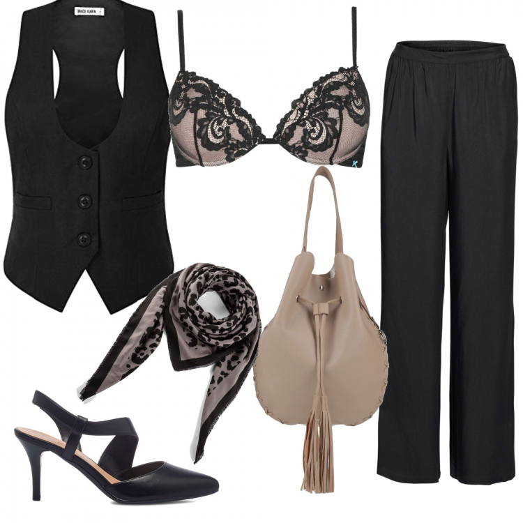 Outfit donna - Glamour #4868. Stile Glamour per Serata fuori. Abbinamento con pantaloni a palazzo, foulard, borse a mano, reggiseni push-up, décolleté, gilet.