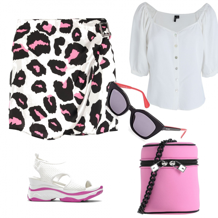 Outfit donna - Sbarazzina. Stile Casual chic per Tutti i giorni. Abbinamento con sandali col tacco, minigonne, borse a tracolla, camicie a manica corta, occhiali da sole.