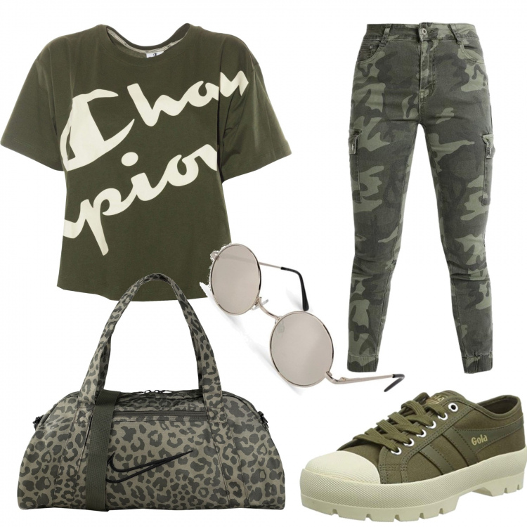 Outfit donna - Oggi pic nic sull\'erba. Stile Military per Tutti i giorni. Abbinamento con borse sportive, pantaloni cargo, t-shirt, sneakers, occhiali da sole.