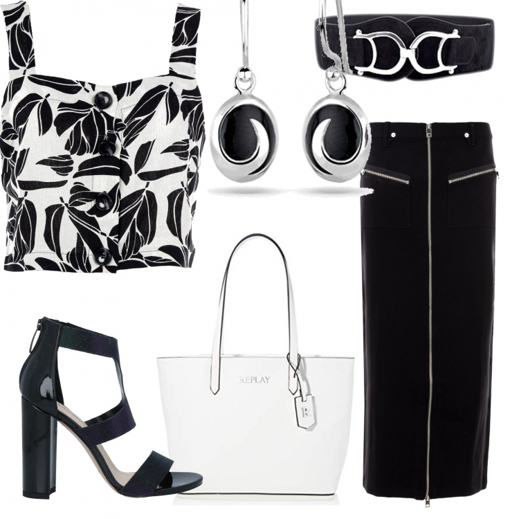 Outfit donna - Total look #1331854. Stile Casual chic per Serata fuori. Abbinamento con cinture, sandali in pelle, gonne lunghe, top, orecchini, borse a tracolla.