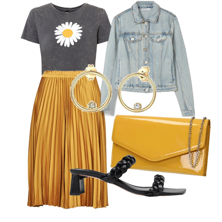 Outfit donna - Stasera margherite. Stile Casual chic per Serata fuori. Abbinamento con t-shirt, sandali col tacco, minigonne, giacche, orecchini, pochette.